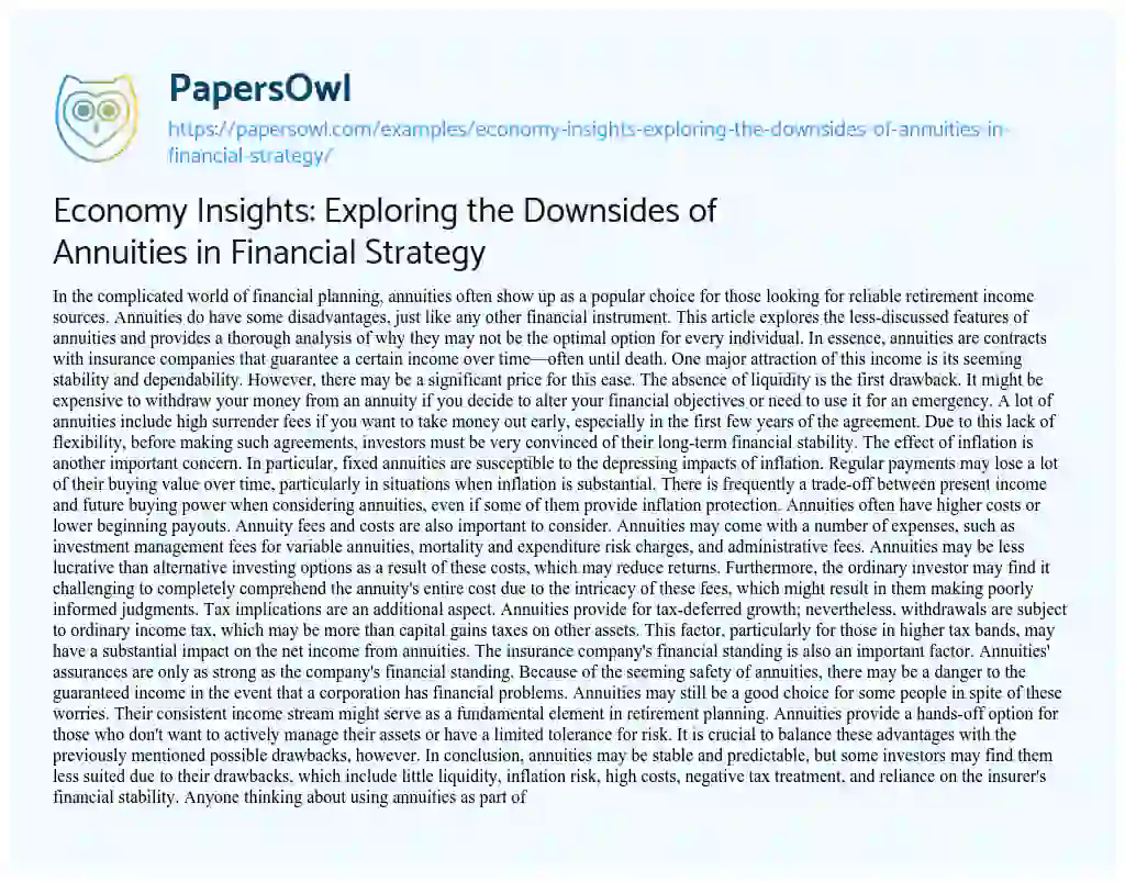 Essay on Economy Insights: Exploring the Downsides of Annuities in Financial Strategy