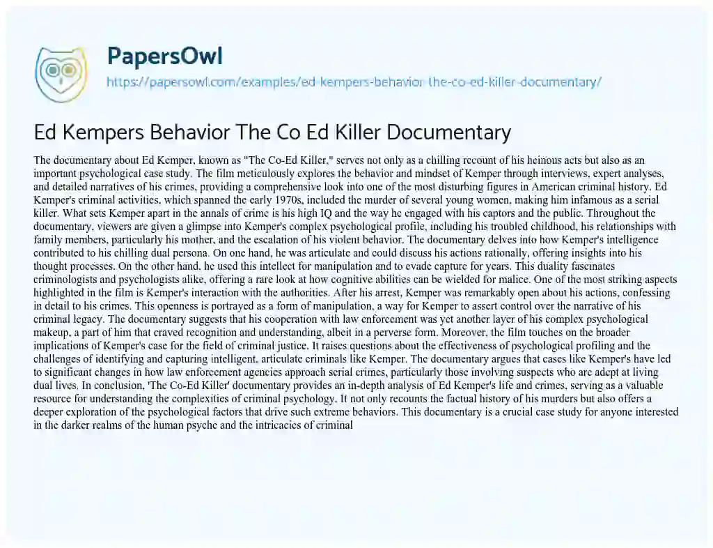 Essay on Ed Kempers Behavior the Co Ed Killer Documentary