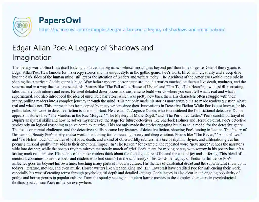 Essay on Edgar Allan Poe: a Legacy of Shadows and Imagination