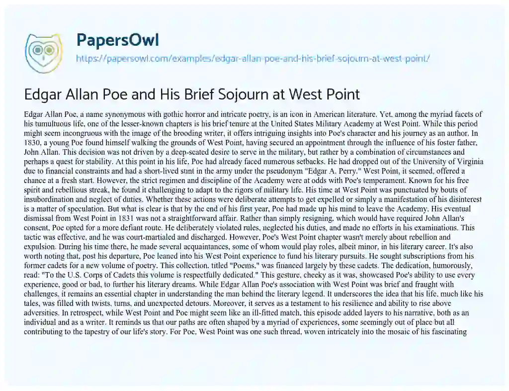 Essay on Edgar Allan Poe and his Brief Sojourn at West Point