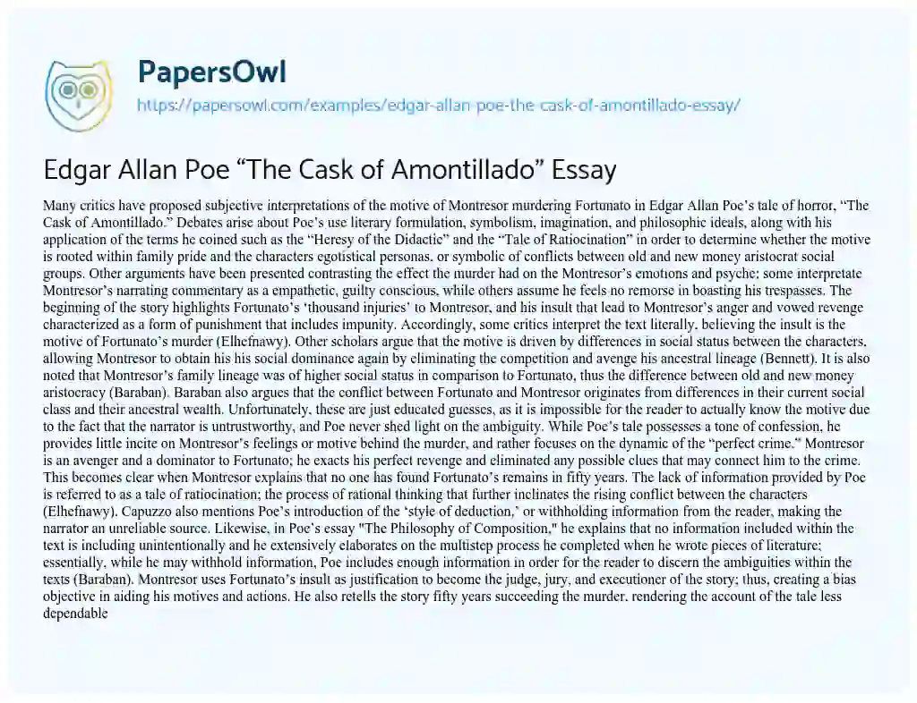 the cask of amontillado essay example