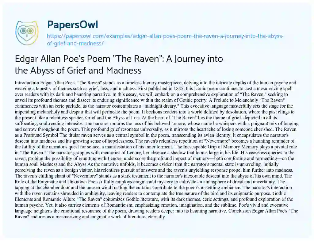 Essay on Edgar Allan Poe’s Poem “The Raven”: a Journey into the Abyss of Grief and Madness