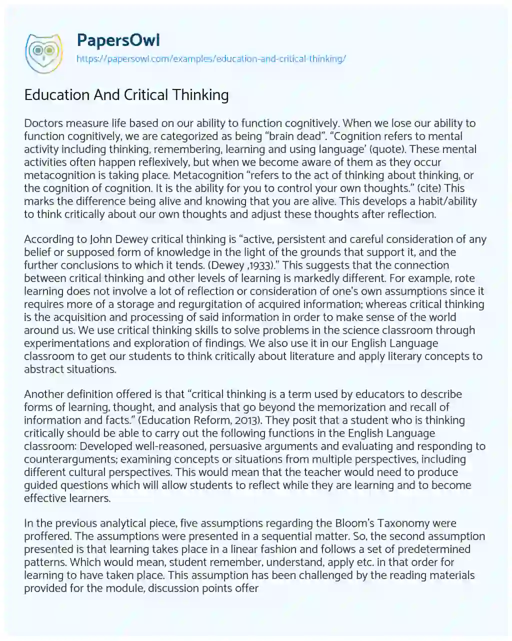 Education and Critical Thinking essay