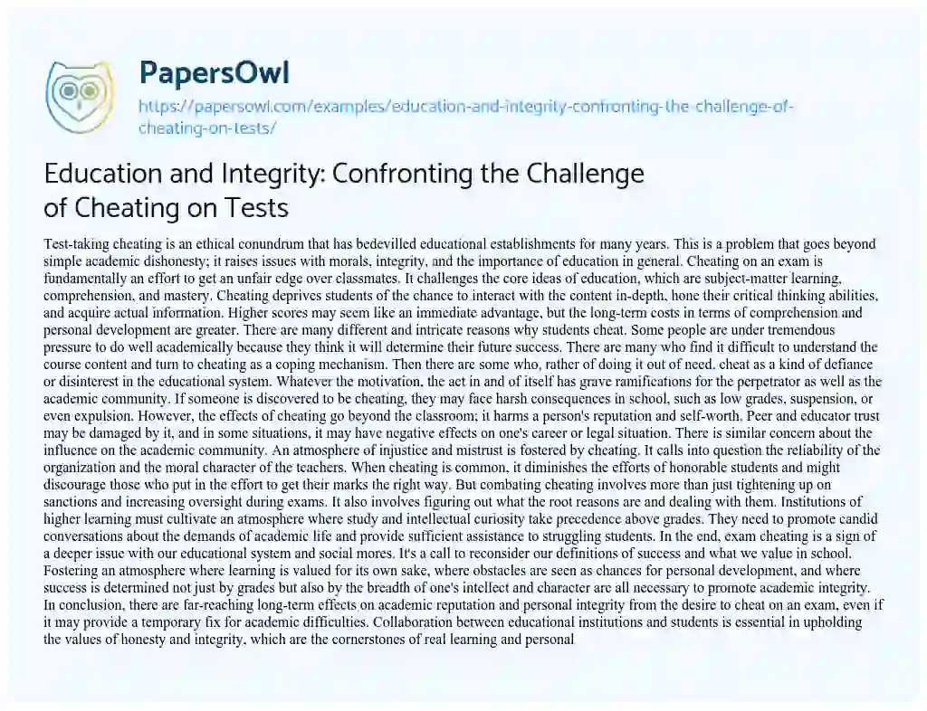 Essay on Education and Integrity: Confronting the Challenge of Cheating on Tests