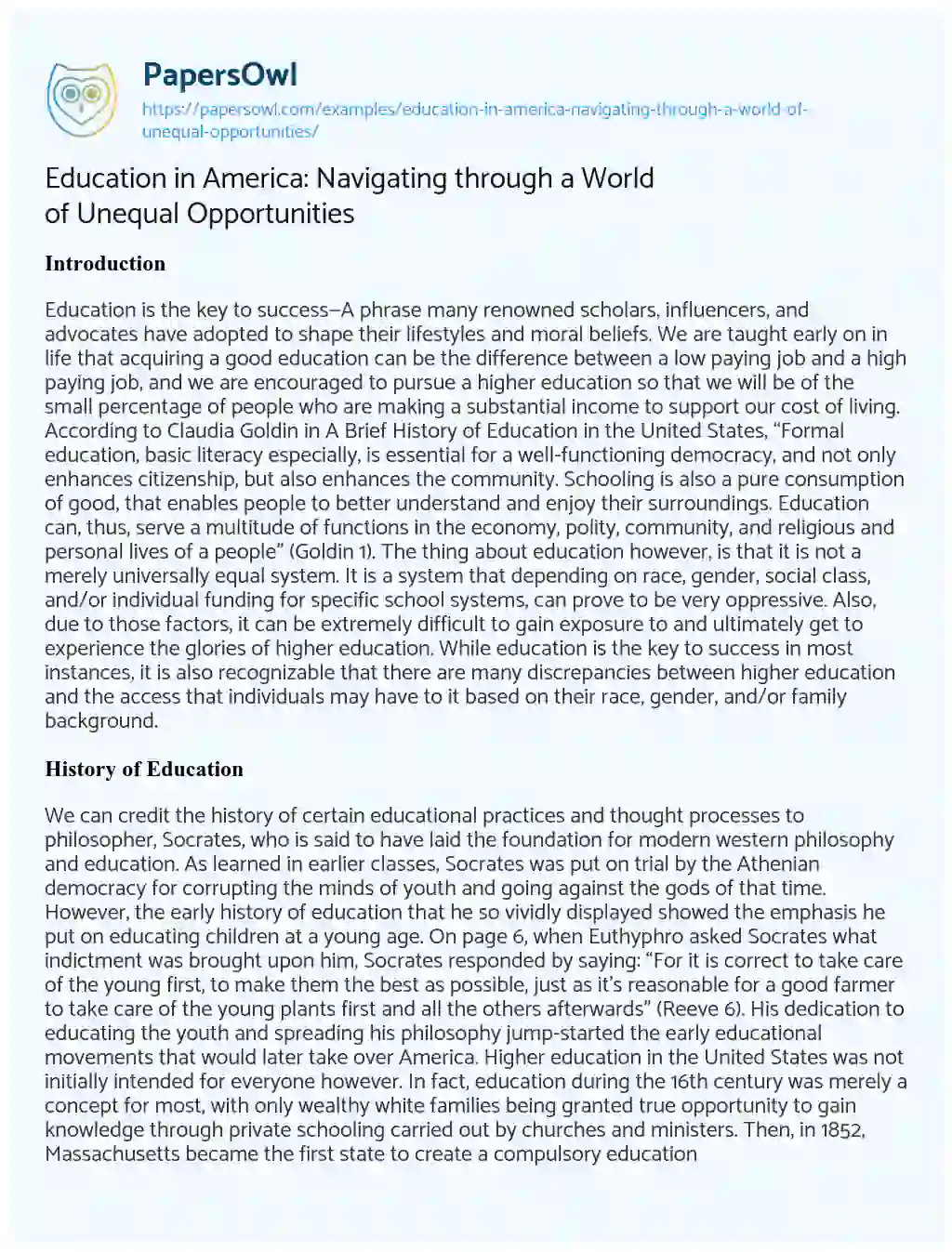 Essay on Education in America: Navigating through a World of Unequal Opportunities