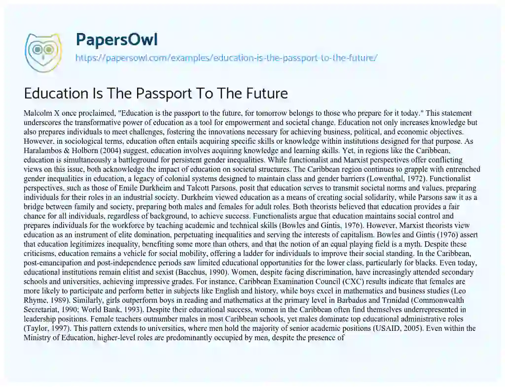 Essay on “Education is the Passport to the Future”