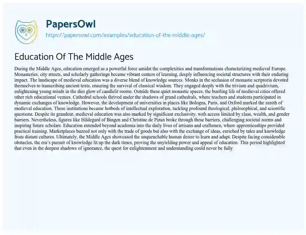 Essay on Education of the Middle Ages