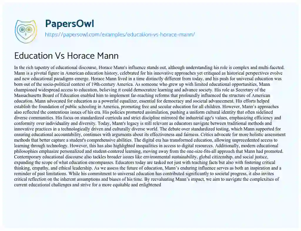 Essay on Education Vs Horace Mann