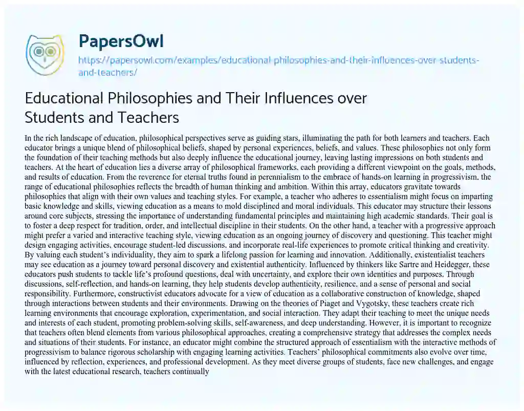 Essay on Educational Philosophies and their Influences over Students and Teachers