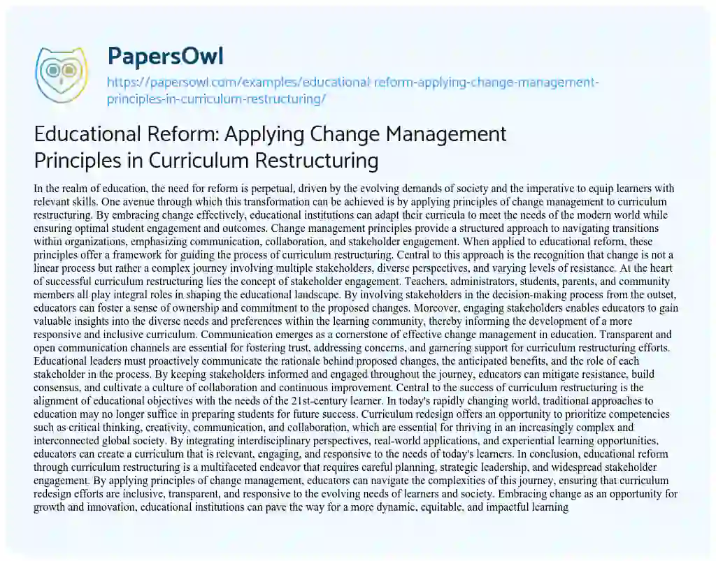 Essay on Educational Reform: Applying Change Management Principles in Curriculum Restructuring