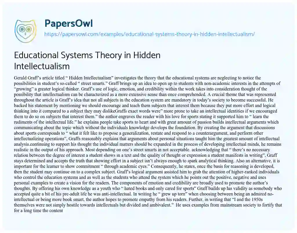 Essay on Educational Systems Theory in Hidden Intellectualism