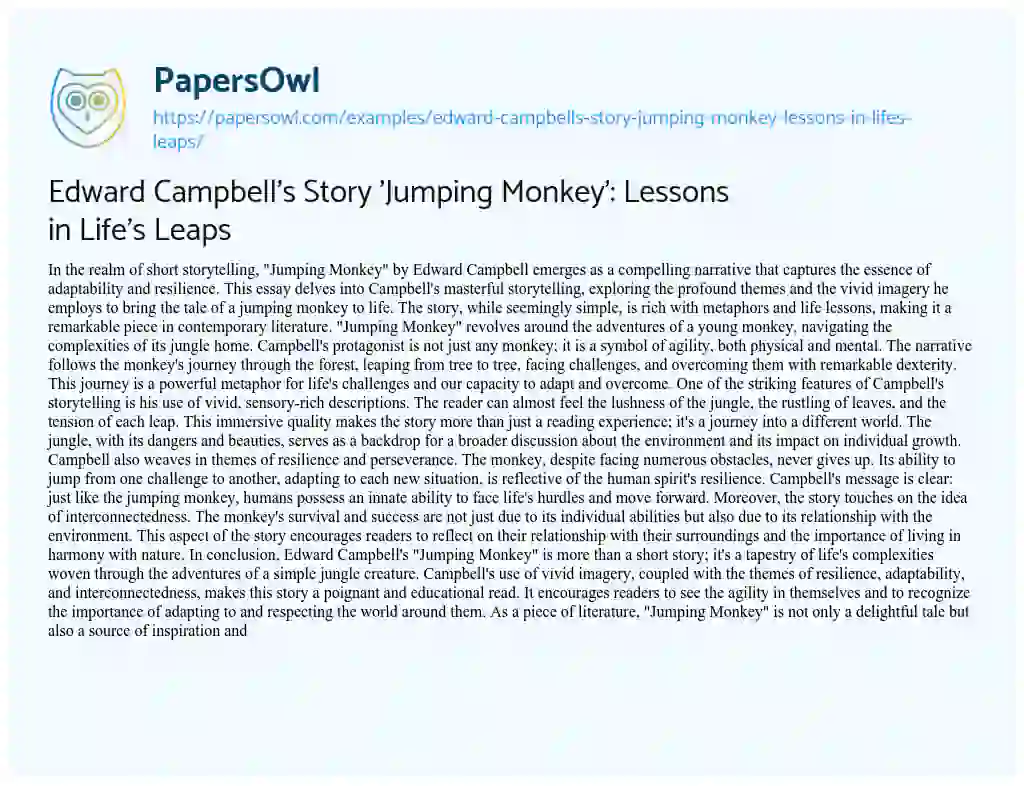 Essay on Edward Campbell’s Story ‘Jumping Monkey’: Lessons in Life’s Leaps