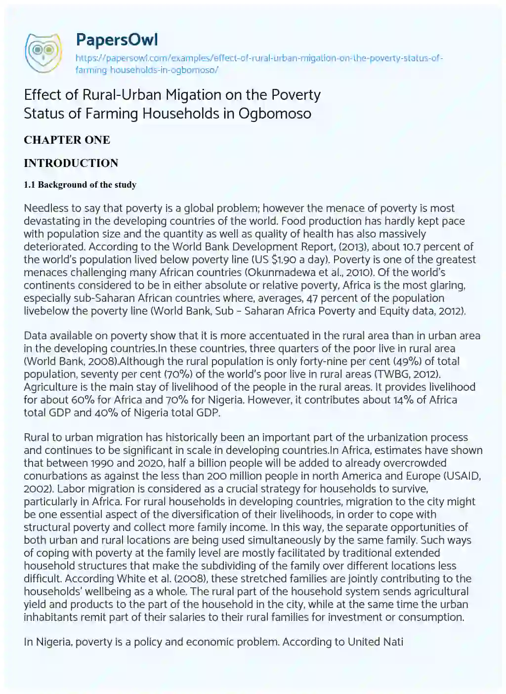 Essay on Effect of Rural-Urban Migation on the Poverty Status of Farming Households in Ogbomoso