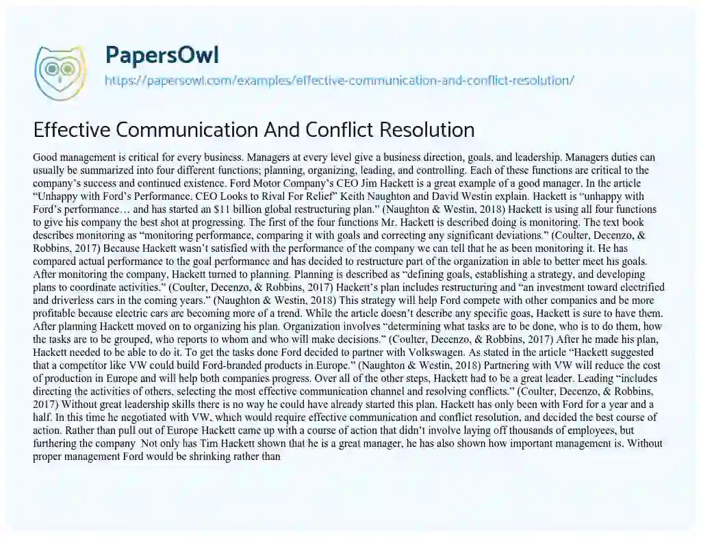 Essay on Effective Communication and Conflict Resolution