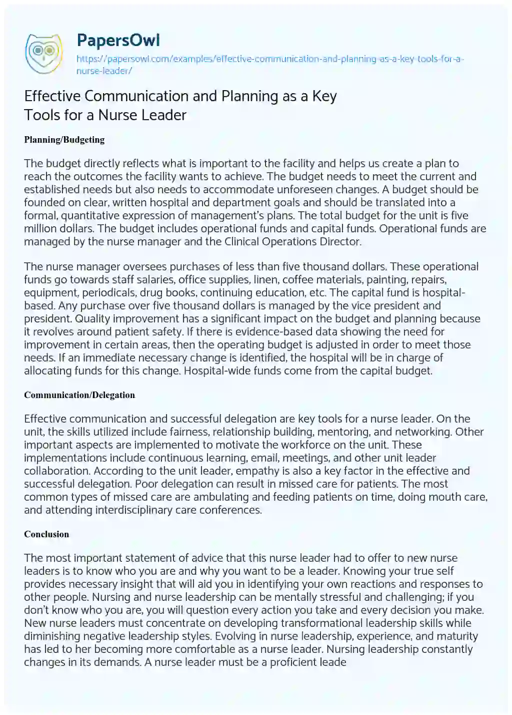 Essay on Effective Communication and Planning as a Key Tools for a Nurse Leader