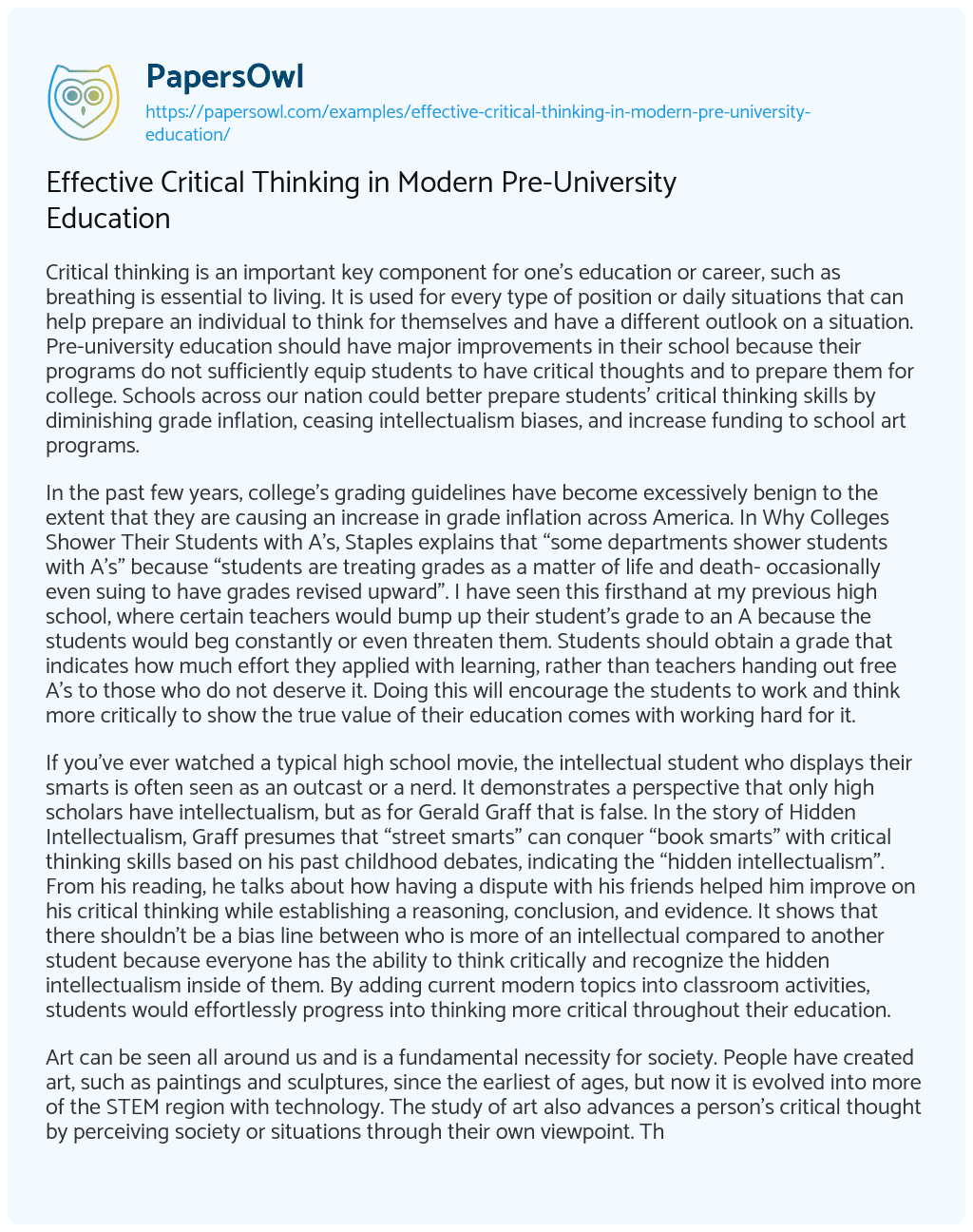 Effective Critical Thinking in Modern Pre-University Education Effective Critical Thinking in Modern Pre-University Education essay