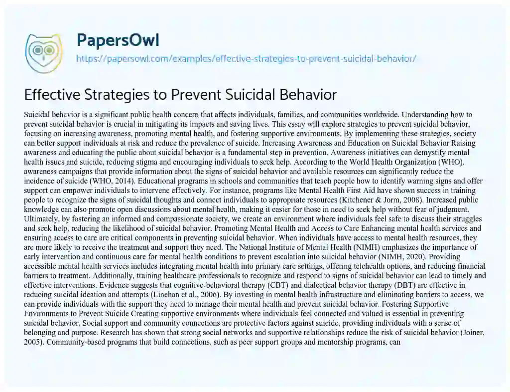 Essay on Effective Strategies to Prevent Suicidal Behavior