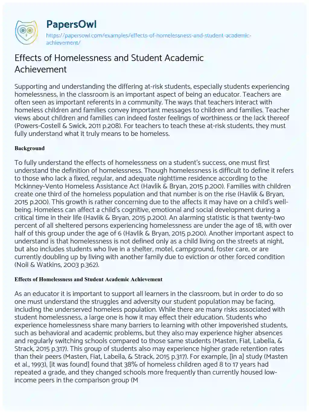 Effects of Homelessness and Student Academic Achievement essay