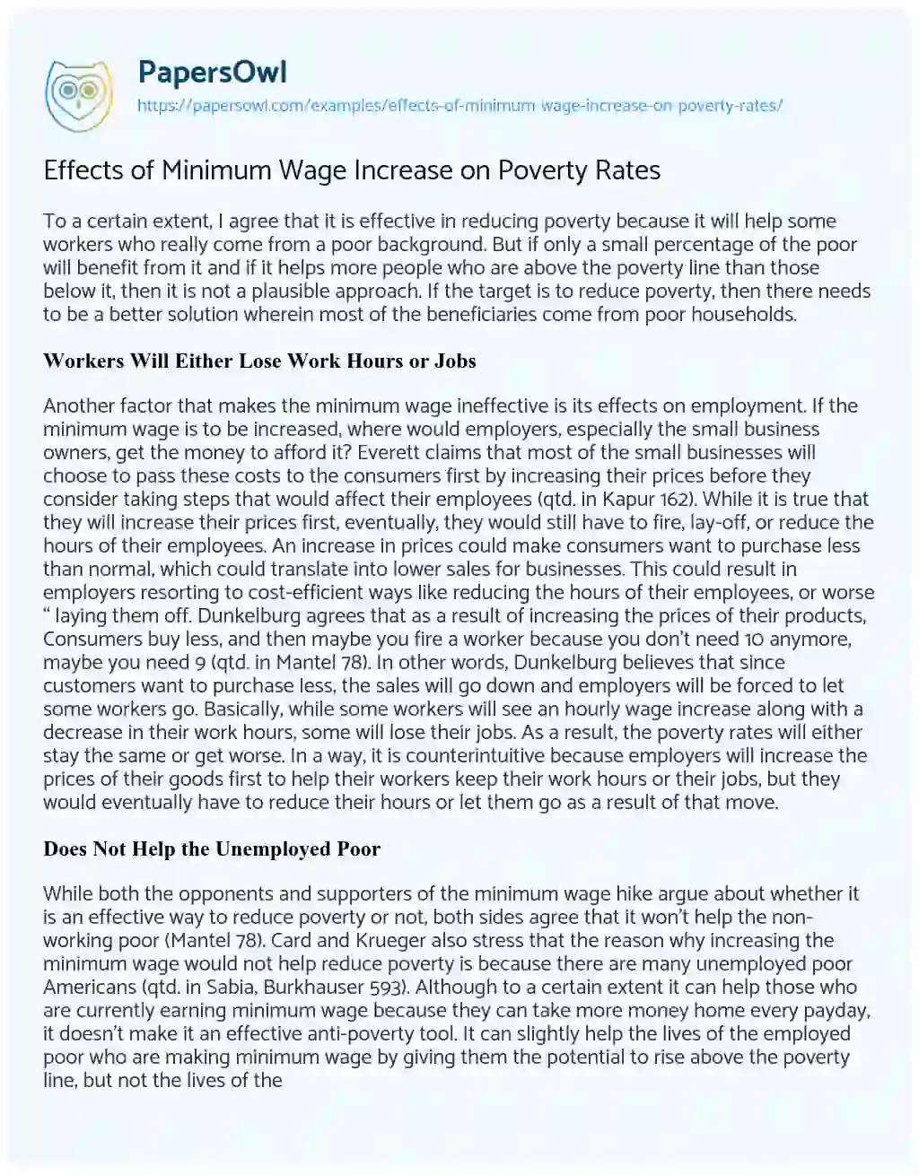 Effects of Minimum Wage Increase on Poverty Rates essay