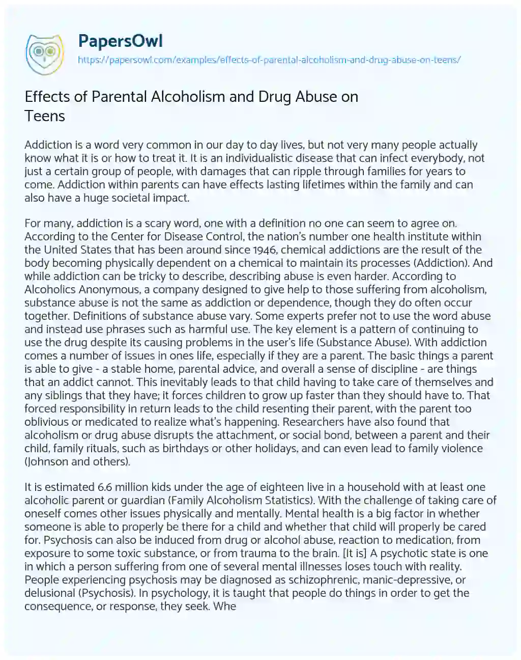 Essay on Effects of Parental Alcoholism and Drug Abuse on Teens