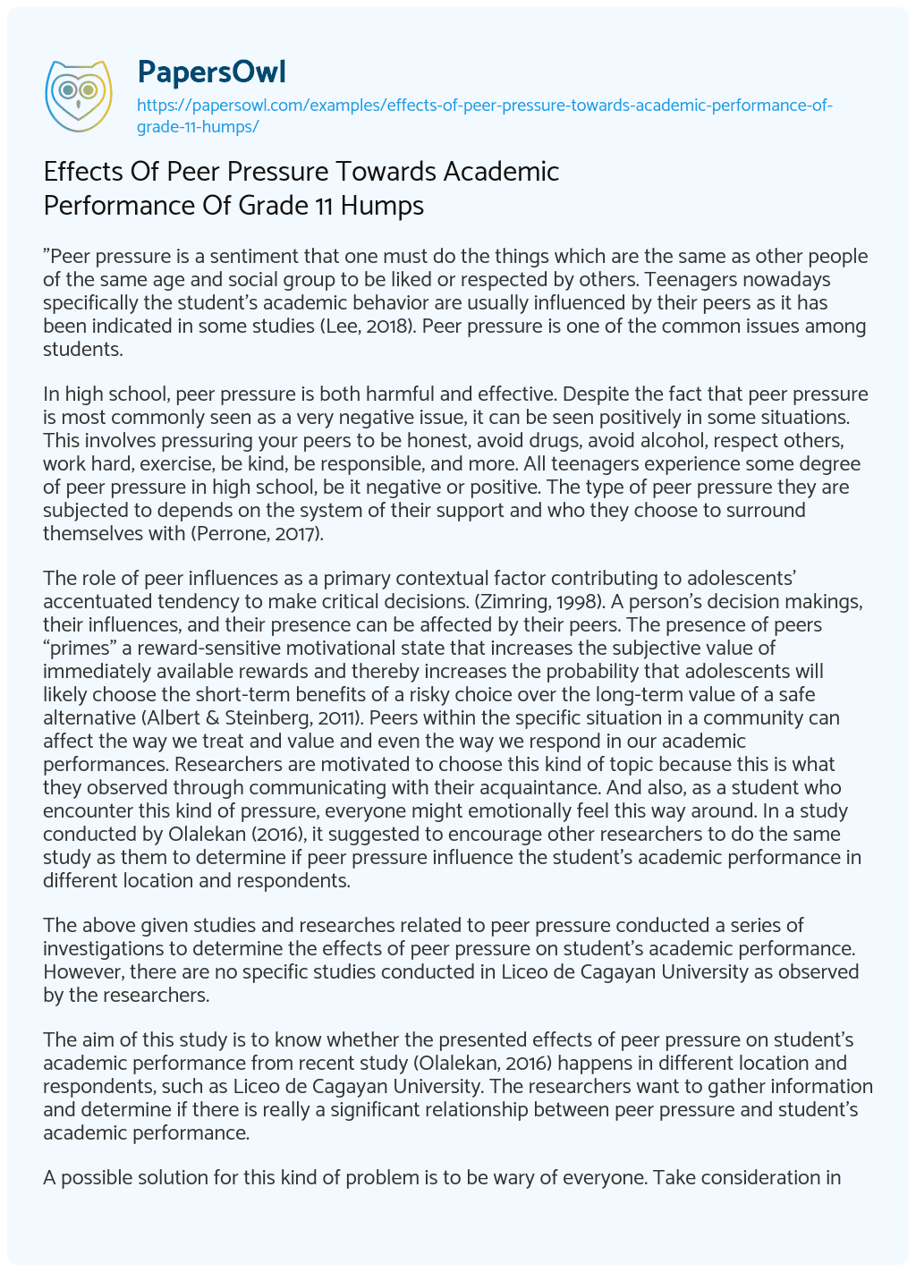 Essay on Effects of Peer Pressure Towards Academic Performance of Grade 11 Humps