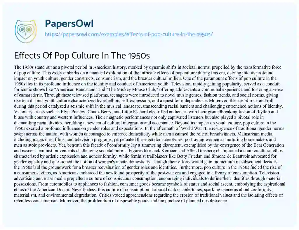 Essay on Effects of Pop Culture in the 1950s