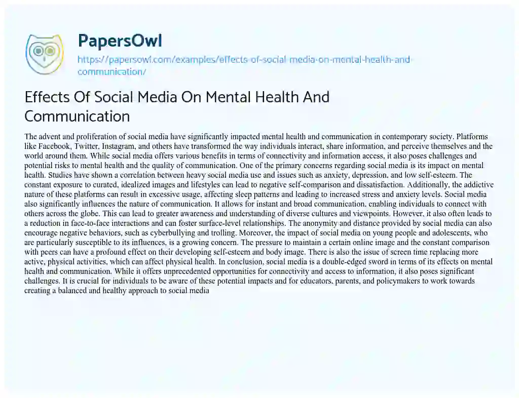 Essay on Effects of Social Media on Mental Health and Communication