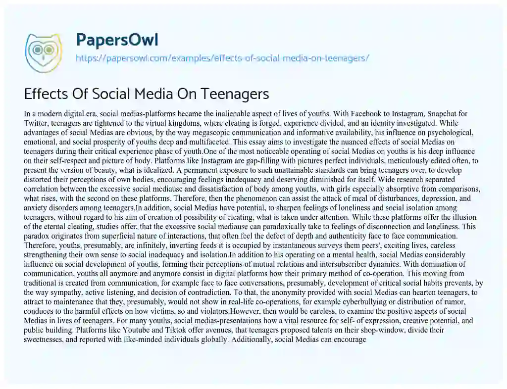 Essay on Effects of Social Media on Teenagers