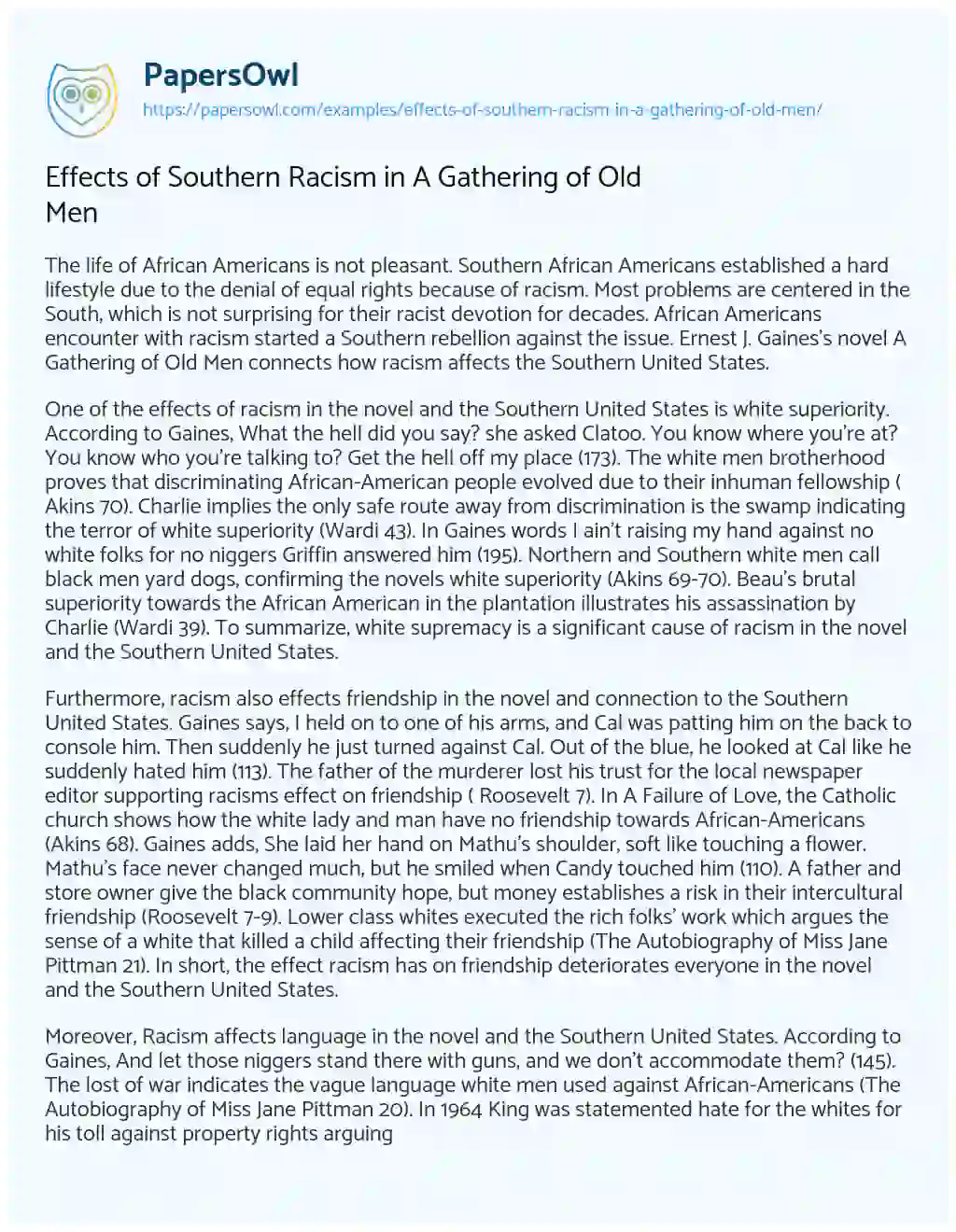 Essay on Effects of Southern Racism in a Gathering of Old Men