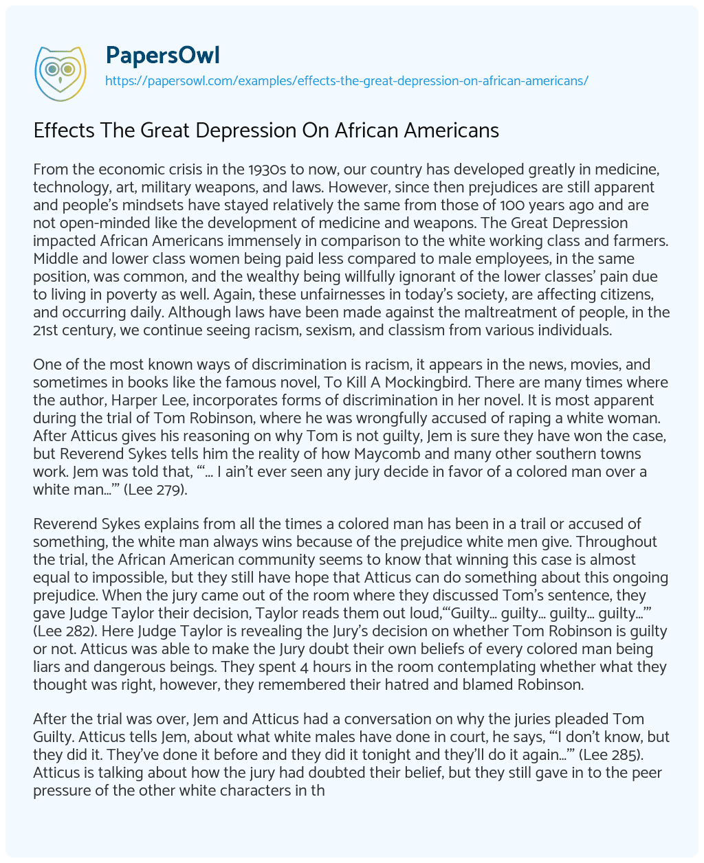 Essay on Effects the Great Depression on African Americans