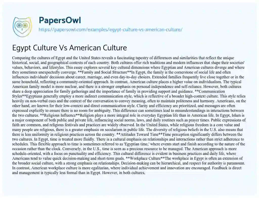 Essay on Egypt Culture Vs American Culture
