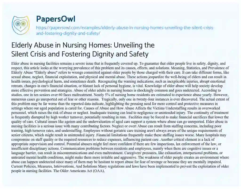 Essay on Elderly Abuse in Nursing Homes: Unveiling the Silent Crisis and Fostering Dignity and Safety