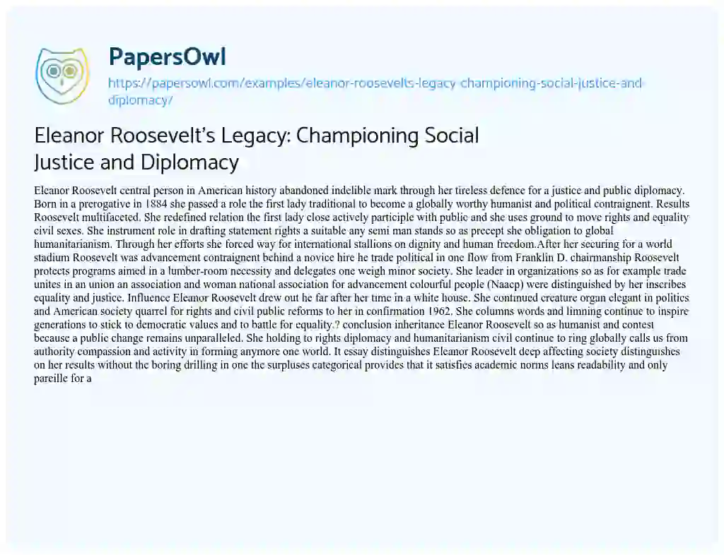 Essay on Eleanor Roosevelt’s Legacy: Championing Social Justice and Diplomacy