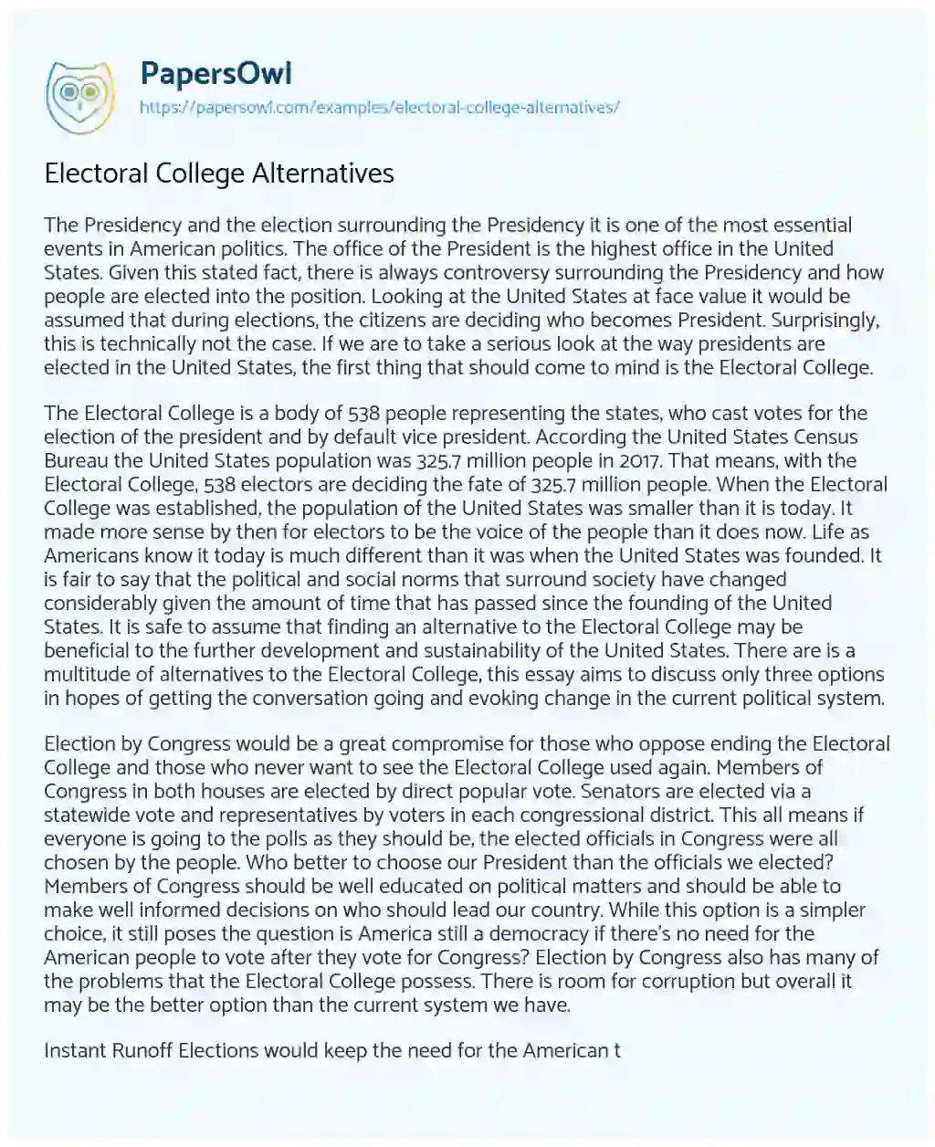 Essay on Electoral College Alternatives