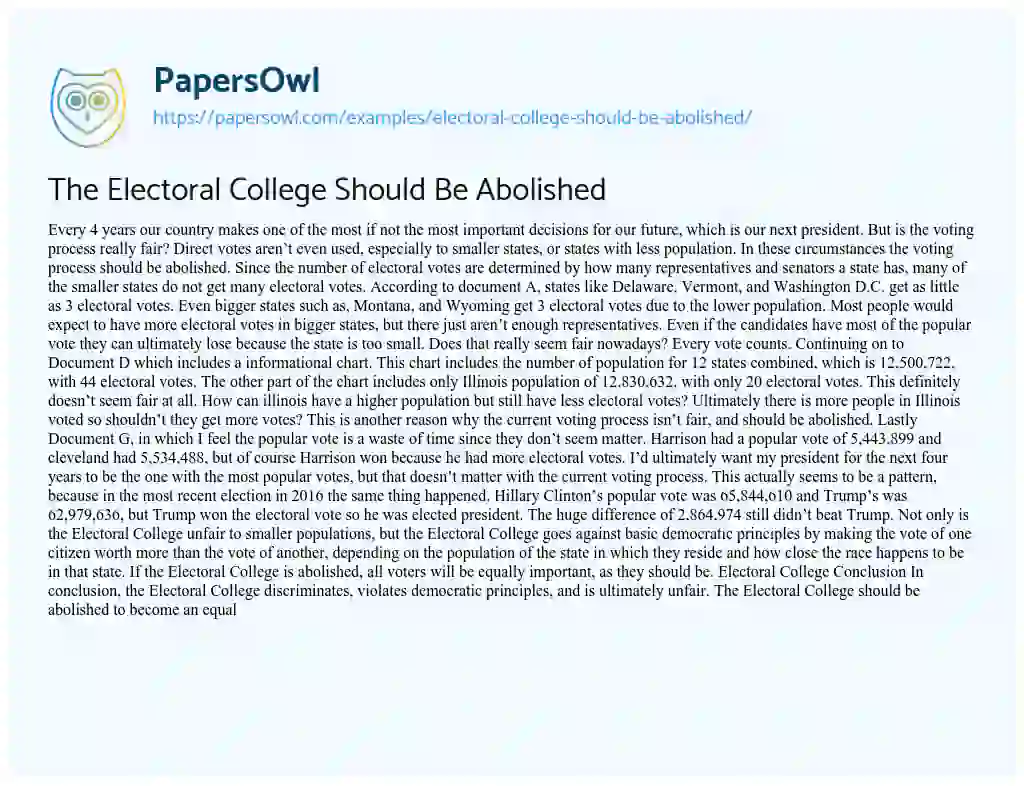 Essay on The Electoral College should be Abolished