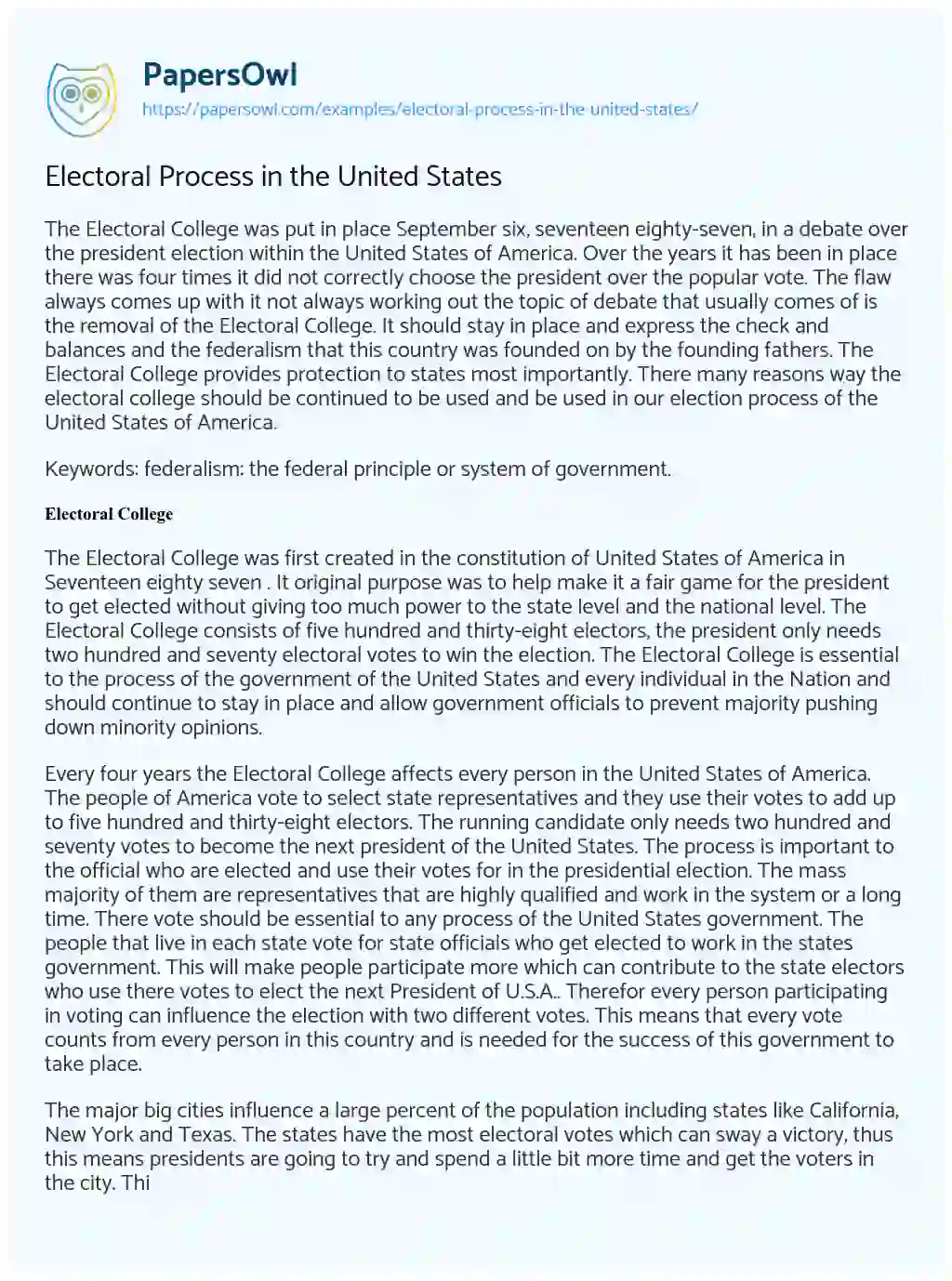 Essay on Electoral Process in the United States