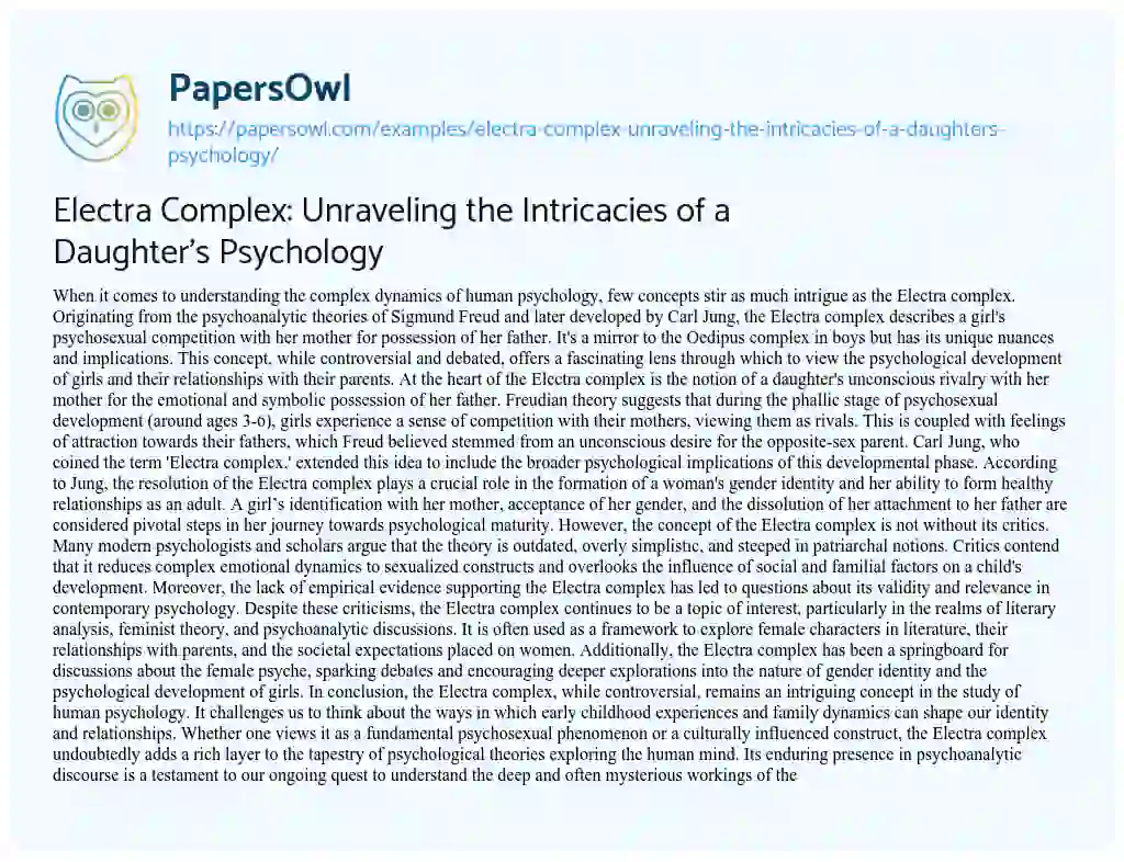 Essay on Electra Complex: Unraveling the Intricacies of a Daughter’s Psychology