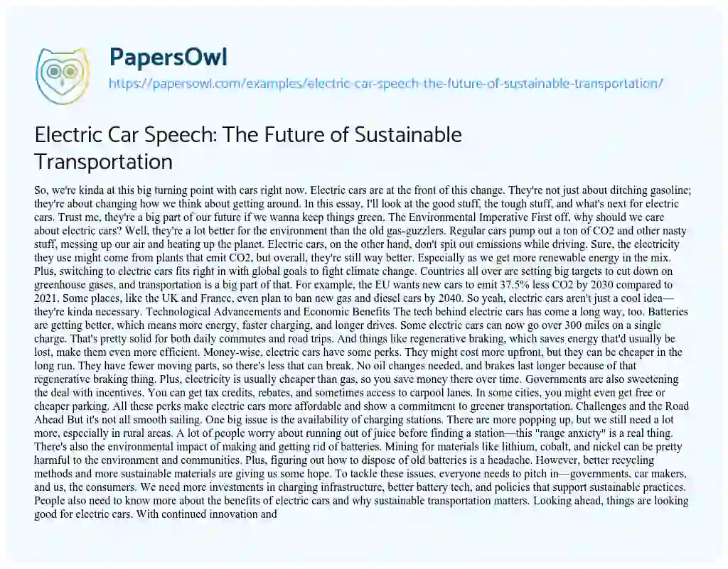 Essay on Electric Car Speech: the Future of Sustainable Transportation