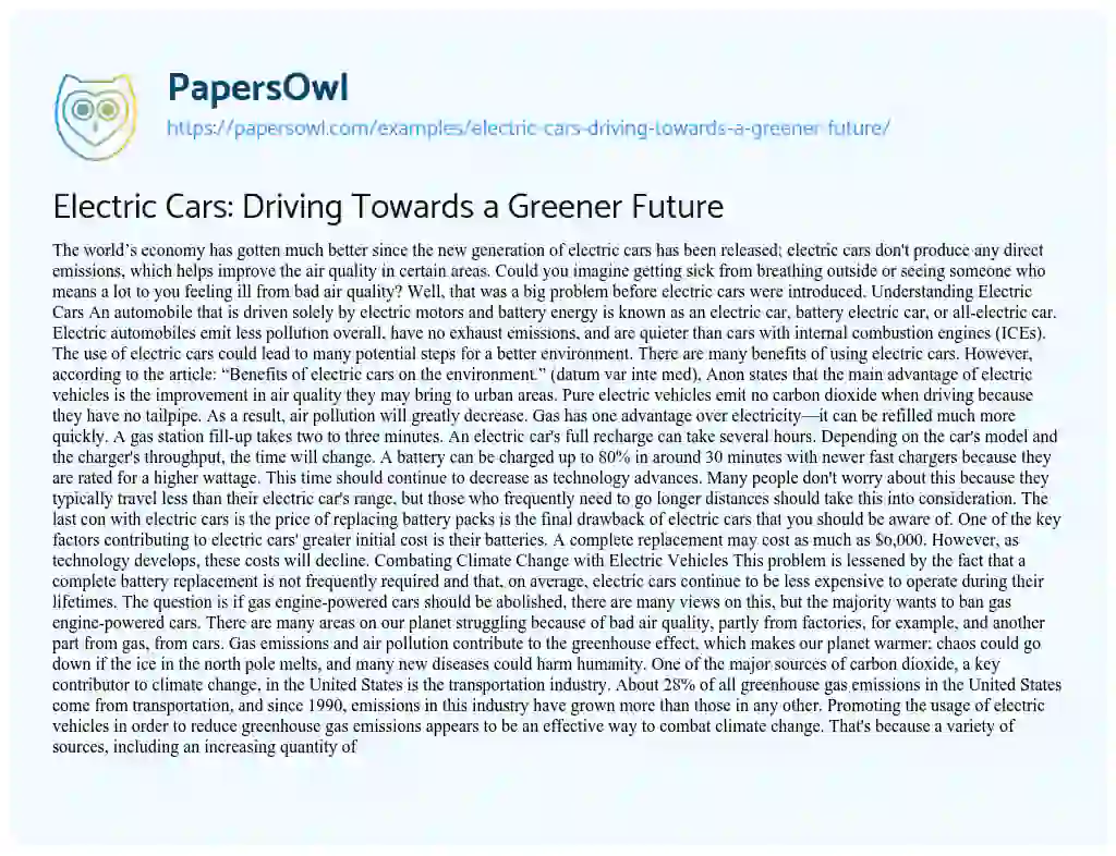 Essay on Electric Cars: Driving Towards a Greener Future