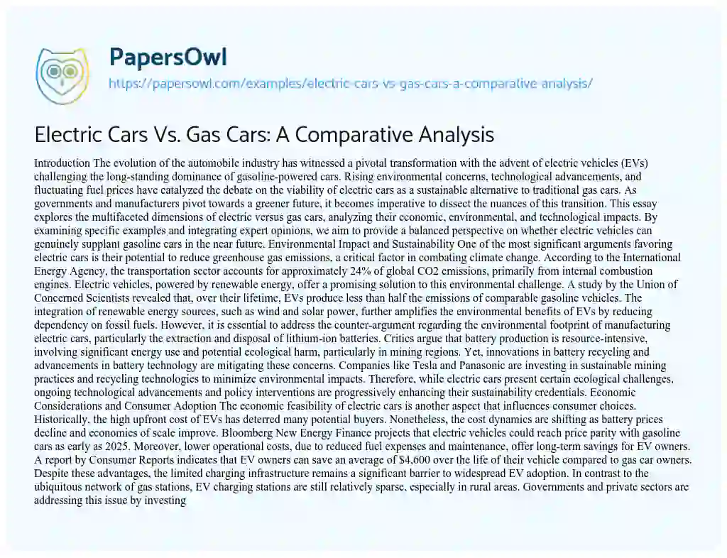Essay on Electric Cars Vs. Gas Cars: A Comparative Analysis