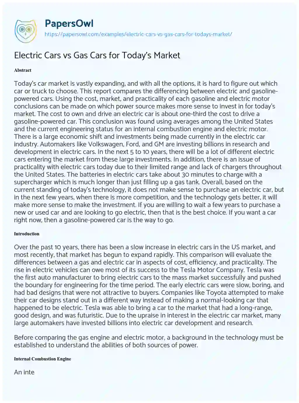 Essay on Electric Cars Vs Gas Cars for Today’s Market