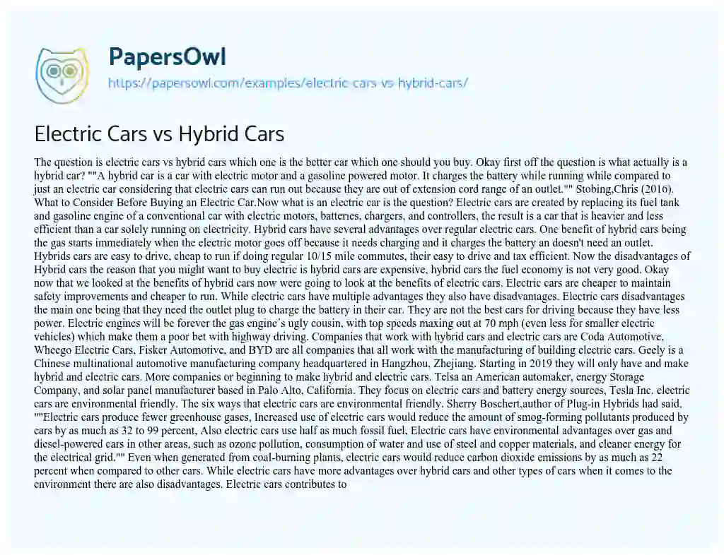 Electric Cars Vs Hybrid Cars essay