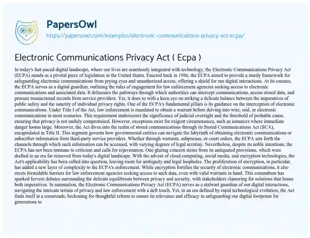 Essay on Electronic Communications Privacy Act ( Ecpa )