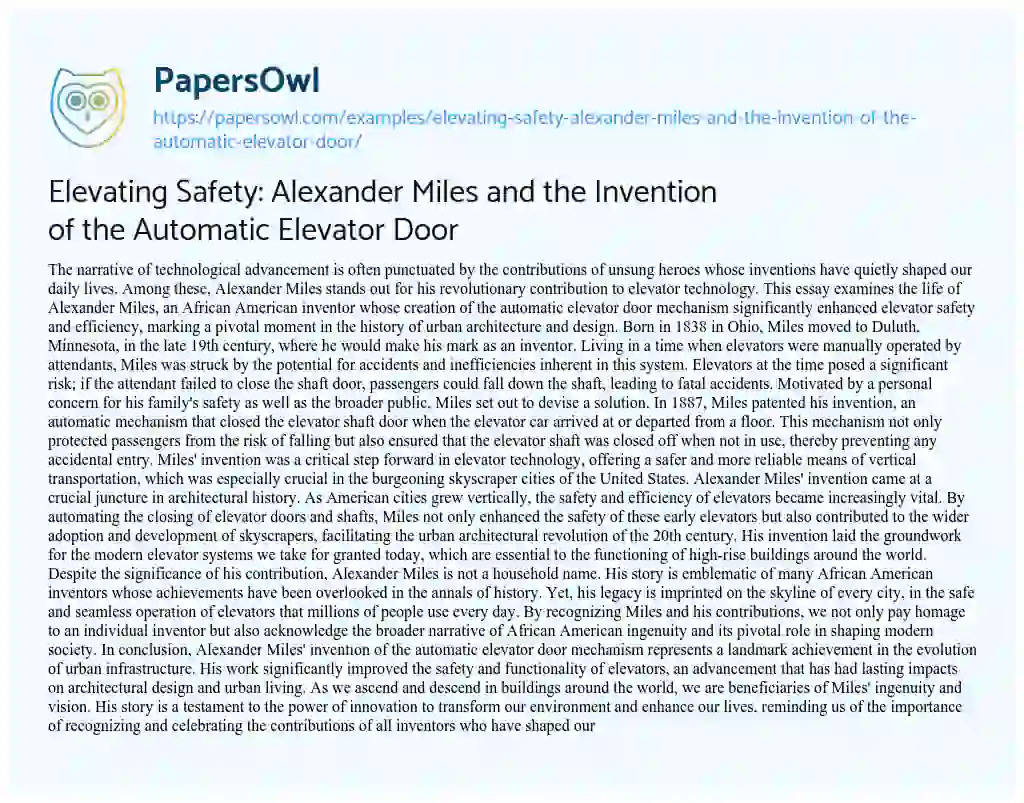 Essay on Elevating Safety: Alexander Miles and the Invention of the Automatic Elevator Door