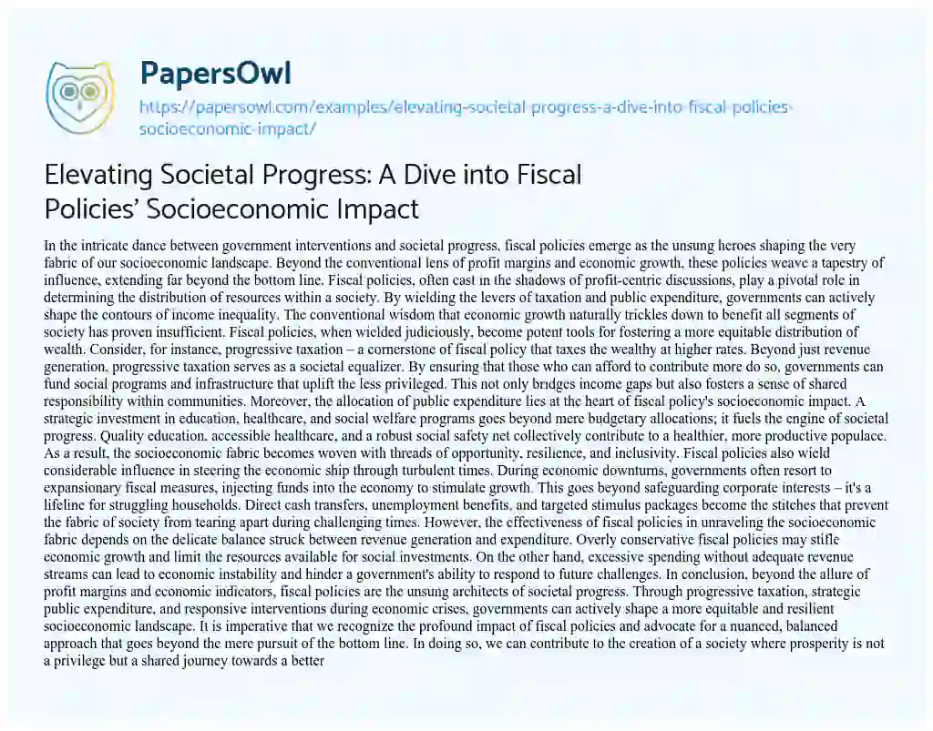 Essay on Elevating Societal Progress: a Dive into Fiscal Policies’ Socioeconomic Impact