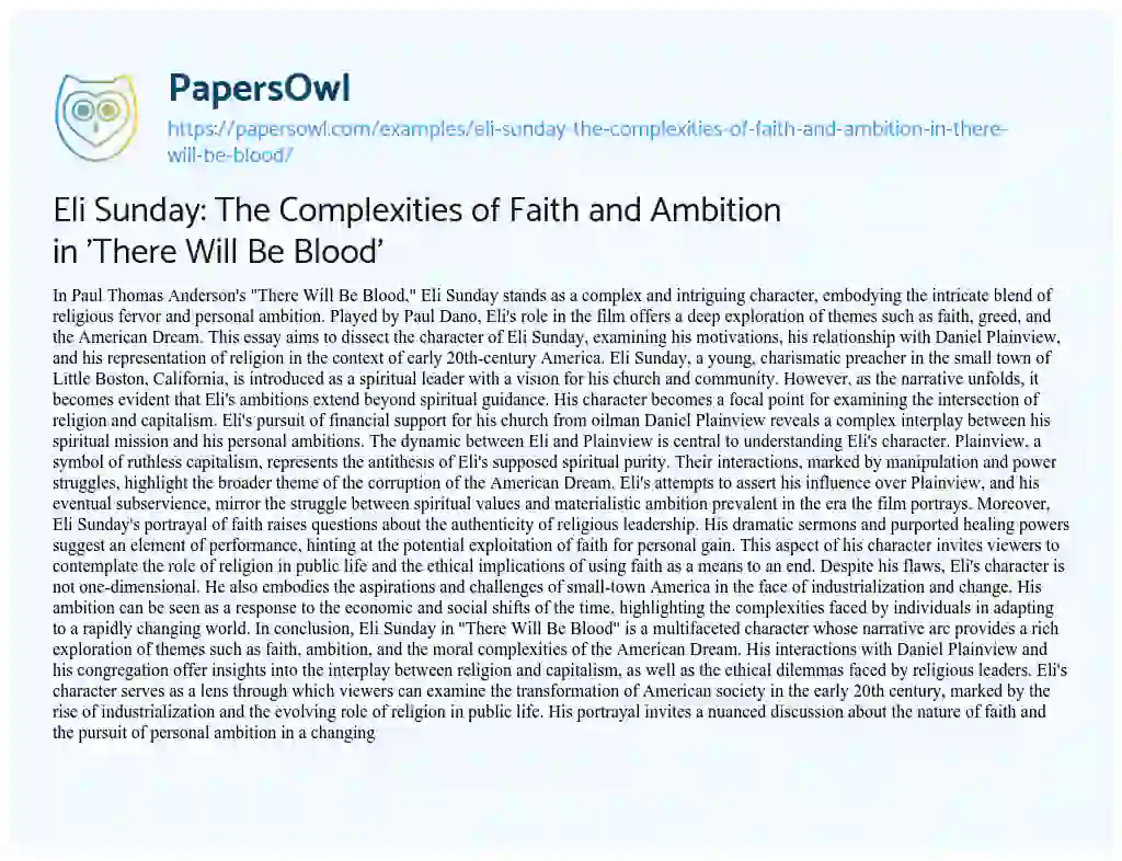 Essay on Eli Sunday: the Complexities of Faith and Ambition in ‘There Will be Blood’