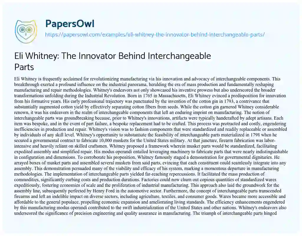 Essay on Eli Whitney: the Innovator Behind Interchangeable Parts