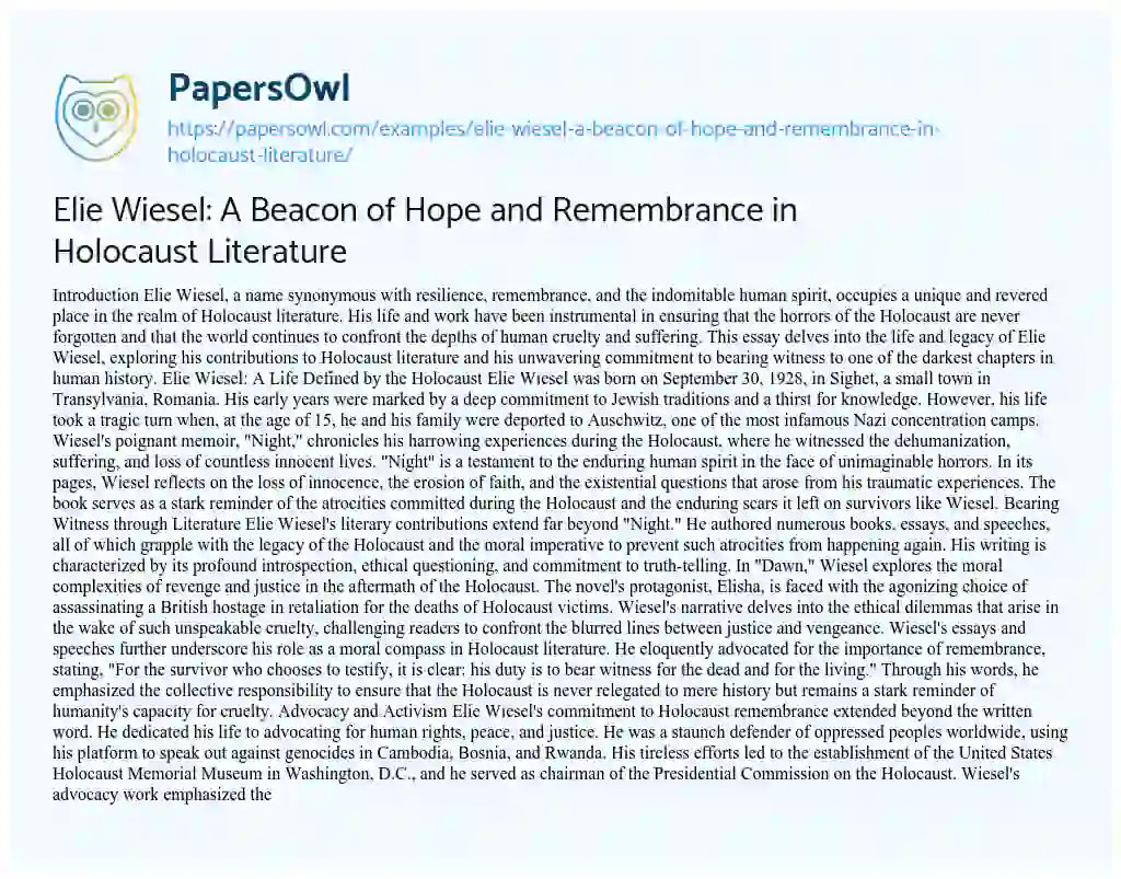 Essay on Elie Wiesel: a Beacon of Hope and Remembrance in Holocaust Literature