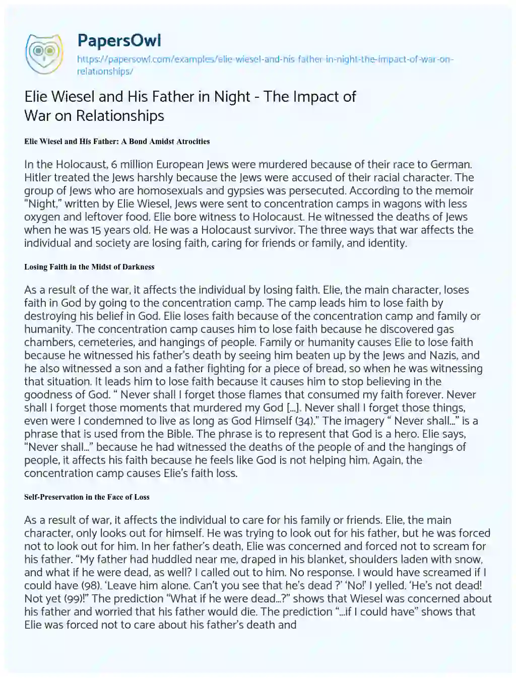 Essay on Elie Wiesel and his Father in Night – the Impact of War on Relationships