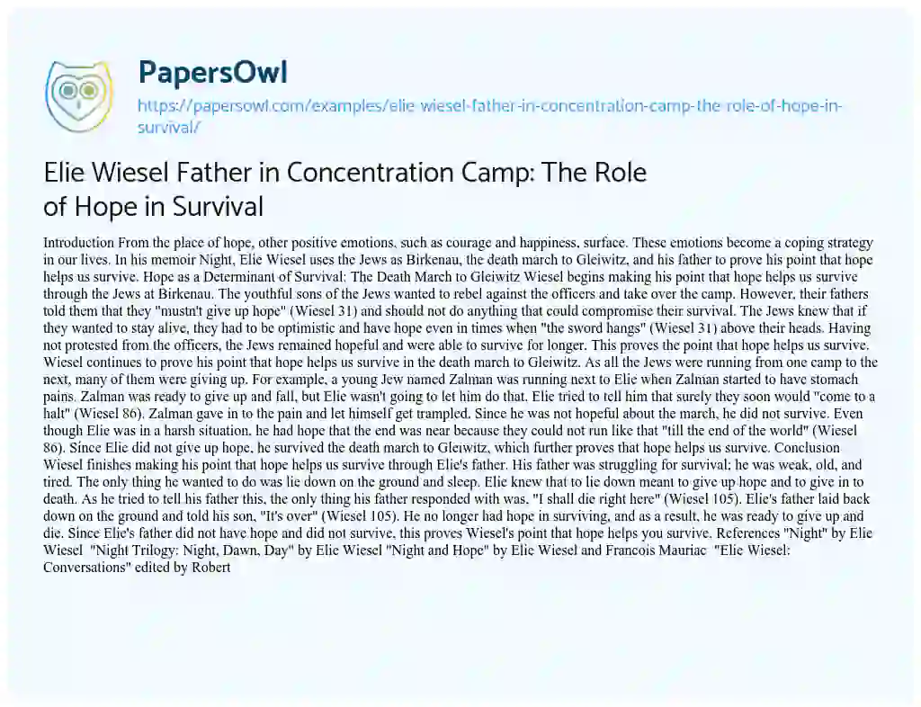Essay on Elie Wiesel Father in Concentration Camp: the Role of Hope in Survival